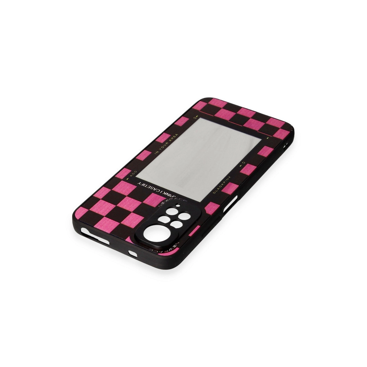 Pembe damalı siyah telefon kılıfı ve ayna ekranı.