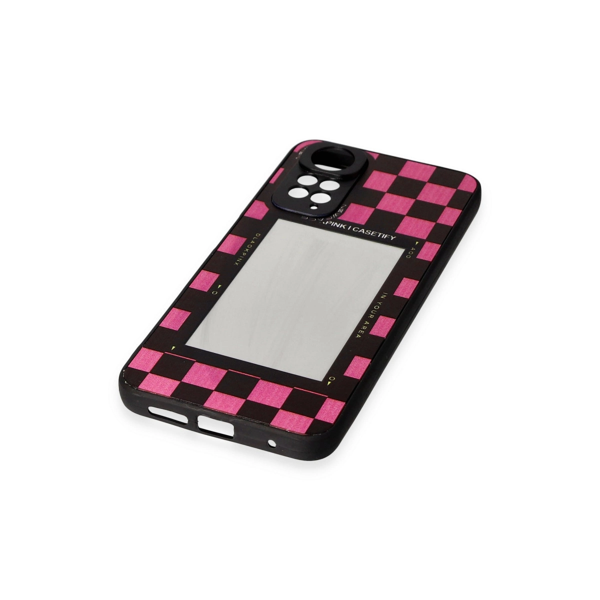 Pembe damalı deseni ve aynası olan siyah telefon kılıfı.