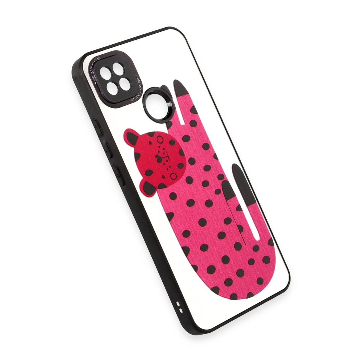 Siyah puantiyeli ve kırmızı leopar desenli pembe telefon kılıfı.