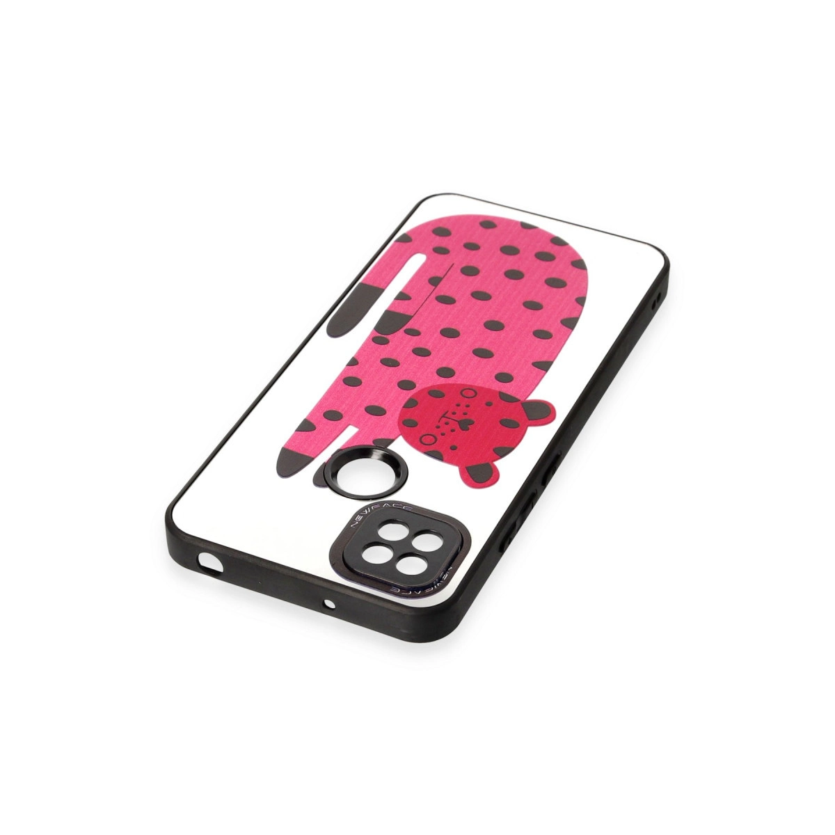 Siyah puantiyeli ve kırmızı leopar desenli pembe telefon kılıfı.