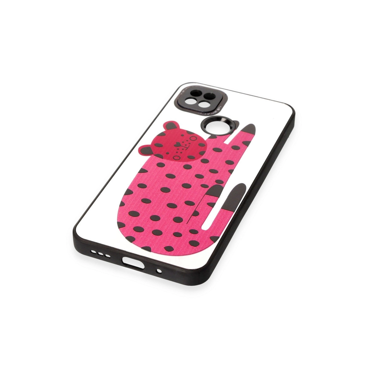 Beyaz telefon kılıfında siyah puantiyeli pembe leopar deseni.