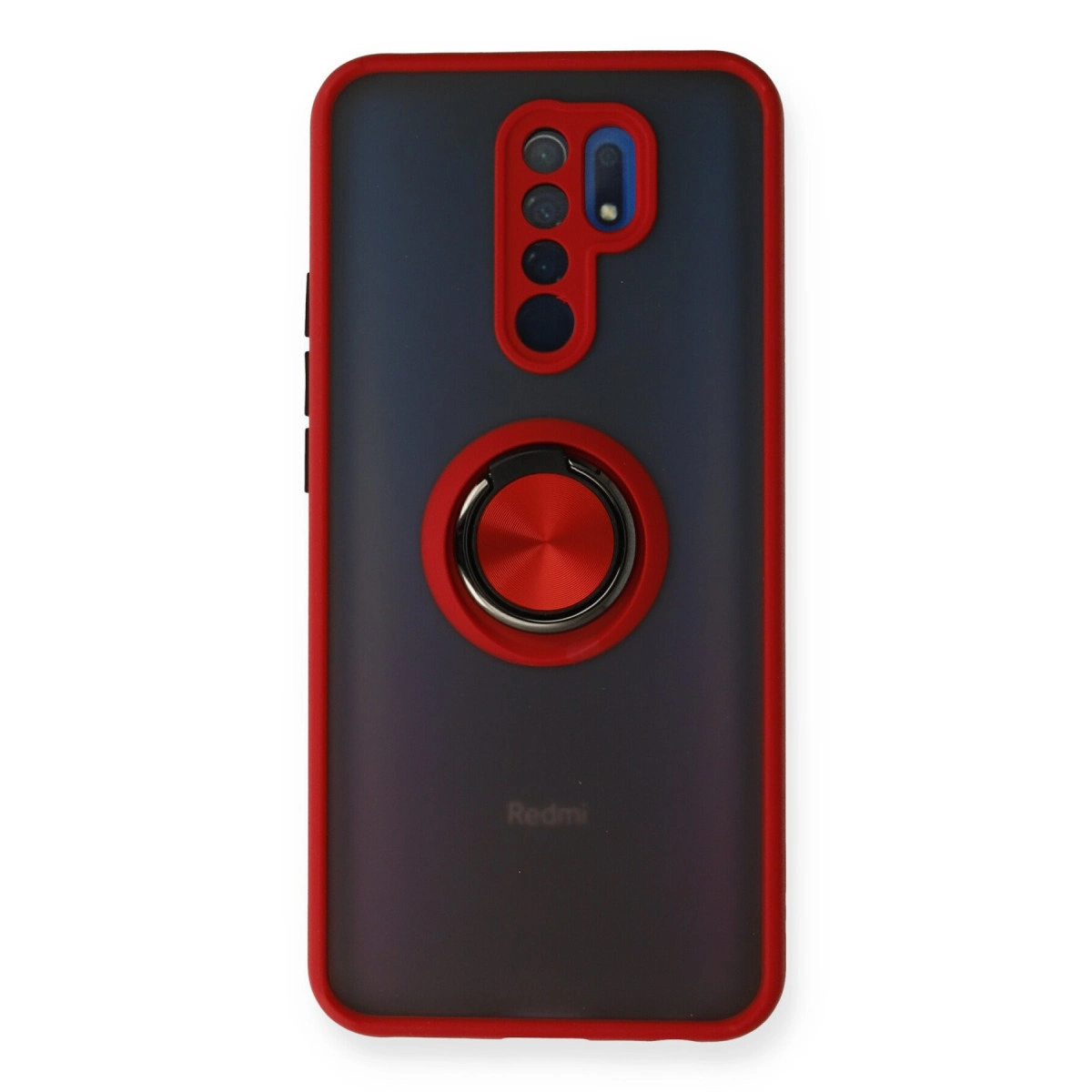 Kırmızı kenarlı ve kamera halkalı siyah telefon kılıfının arkası.
