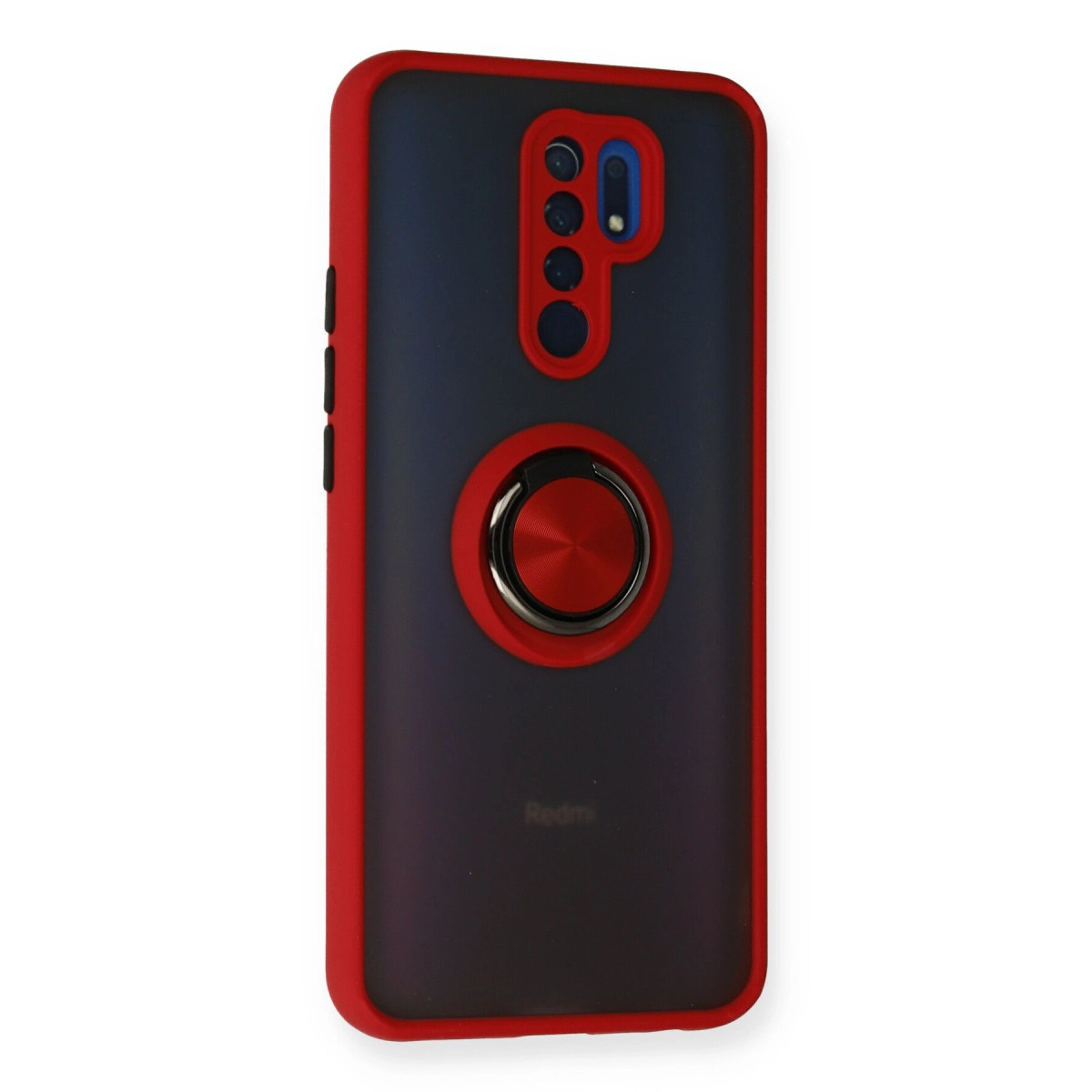 Kamera açıklığı ve halka tutuculu kırmızı telefon kılıfı, Redmi logosu.