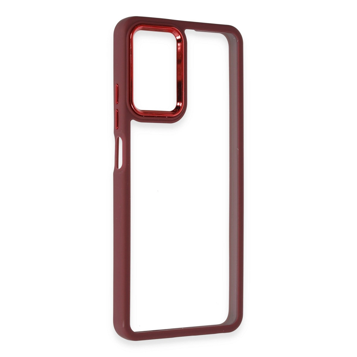 Koyu kırmızı telefon kılıfı, şeffaf orta ve kırmızı kenarlıklı.