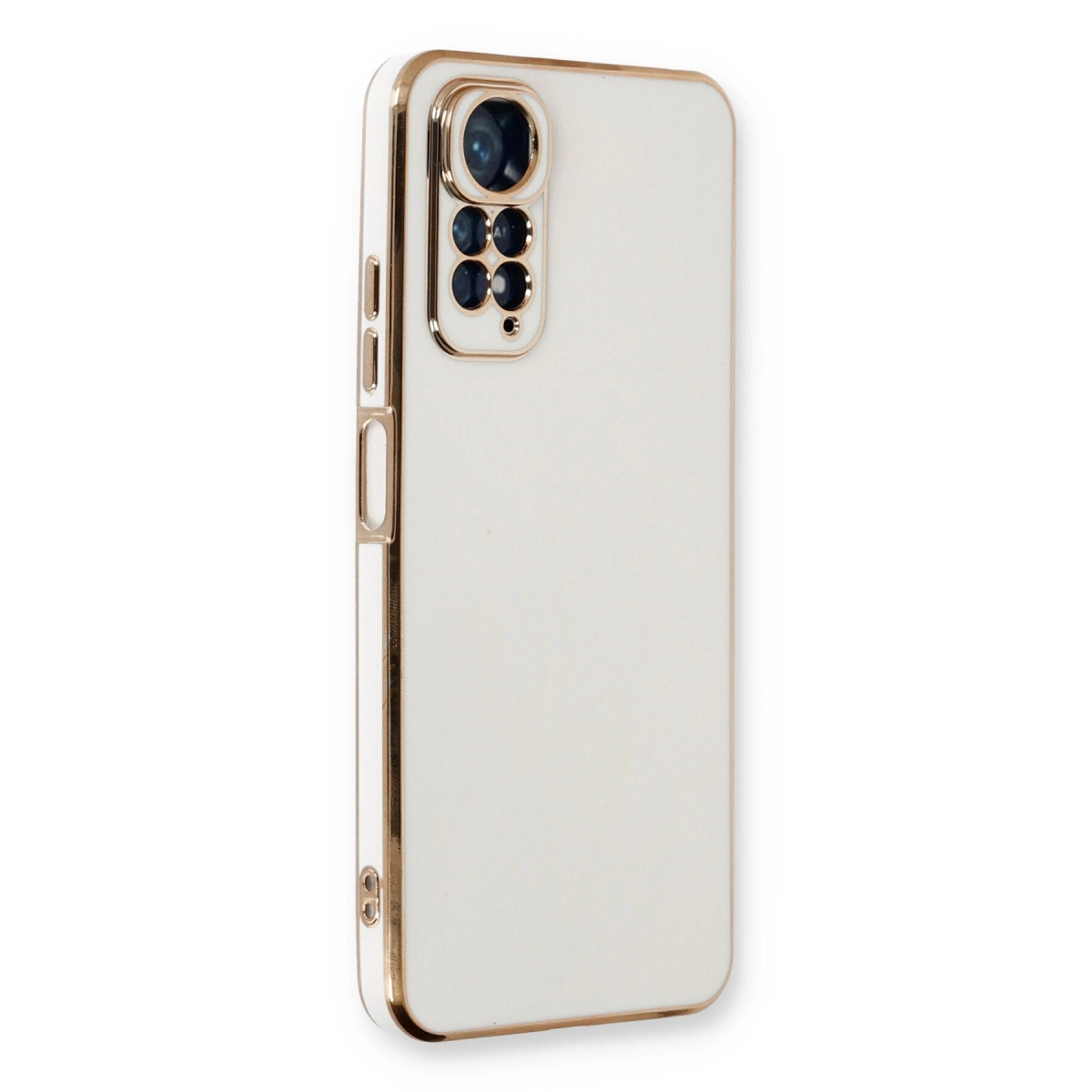Altın kenarlı ve kamera birimli beyaz telefon kılıfı.