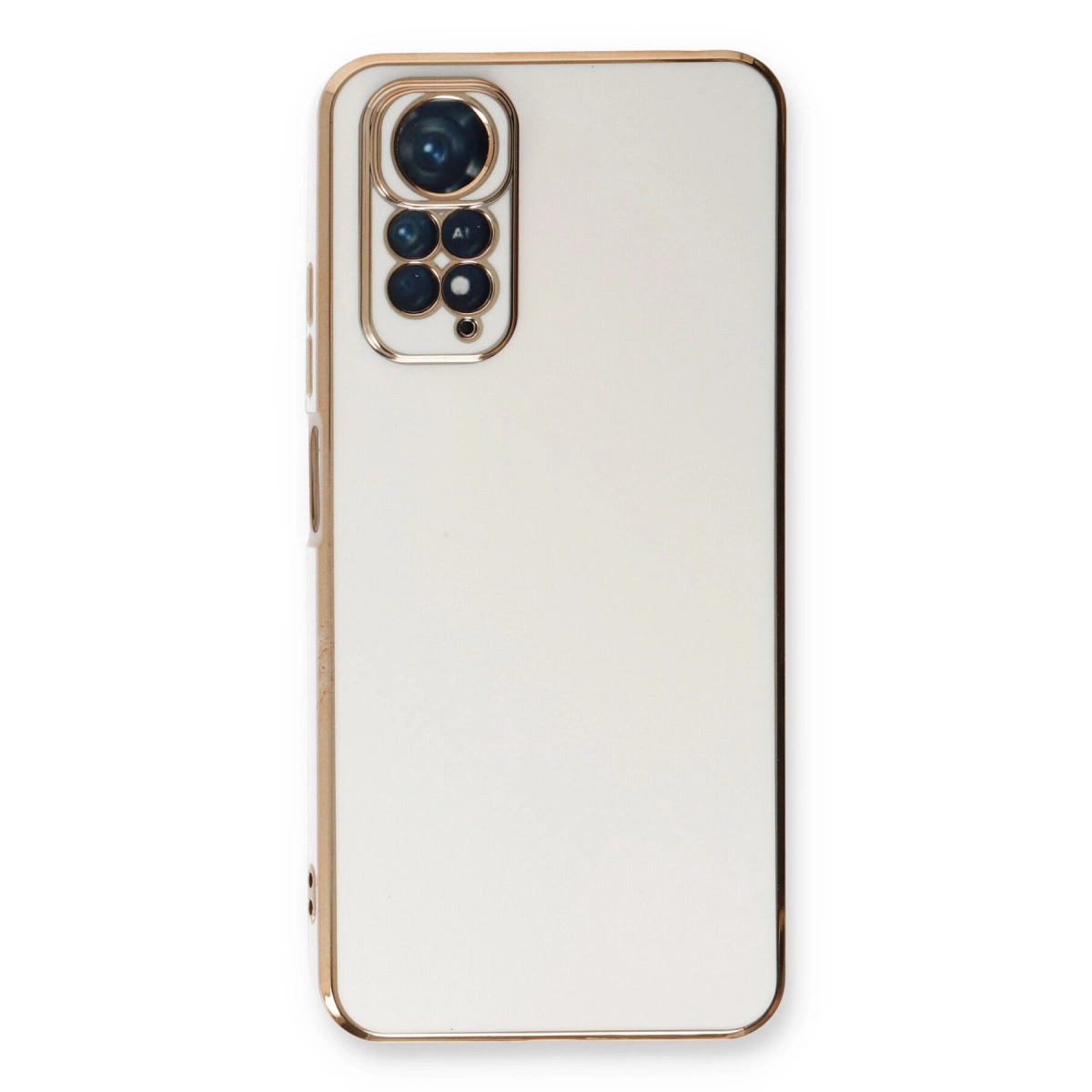 Altın çerçeveli ve kamera modüllü beyaz telefon kılıfı.
