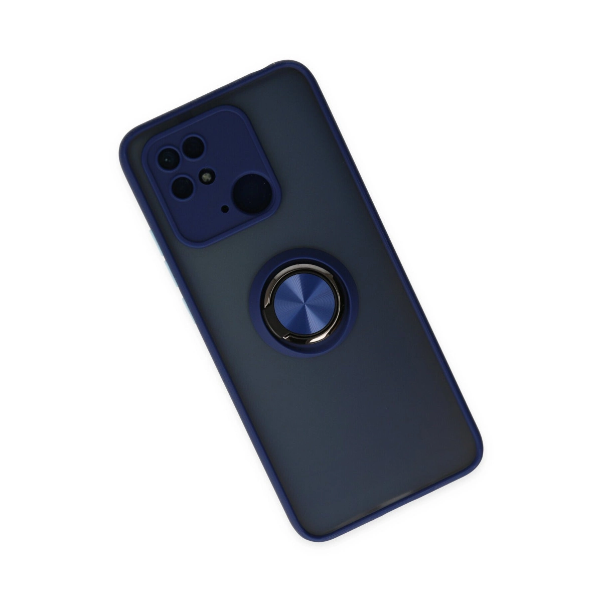 Kamera oyuntulu, halka tutuculu koyu mavi telefon kılıfı, beyaz zeminde.