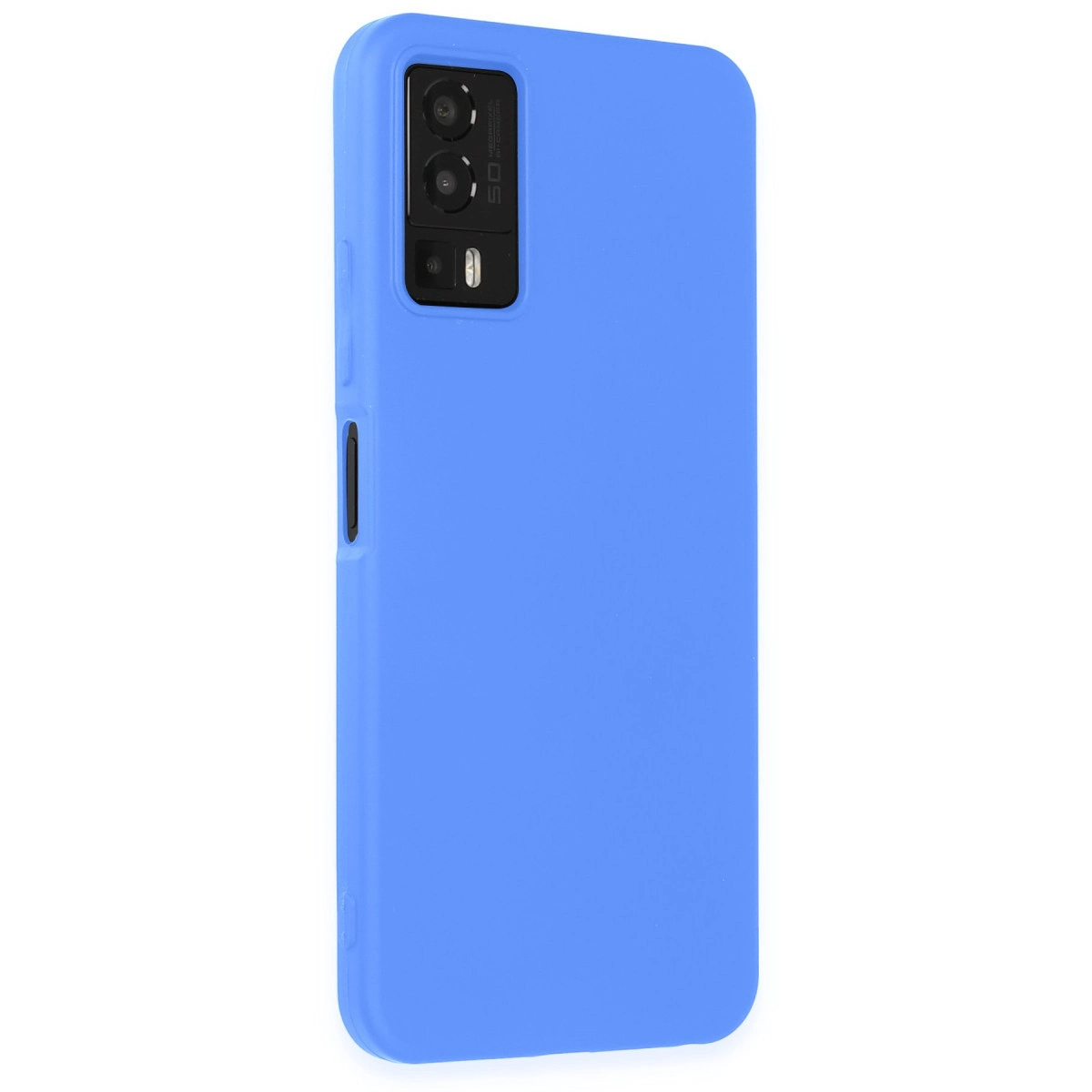 Arkada kamera modülü bulunan mavi bir telefon kılıfı.