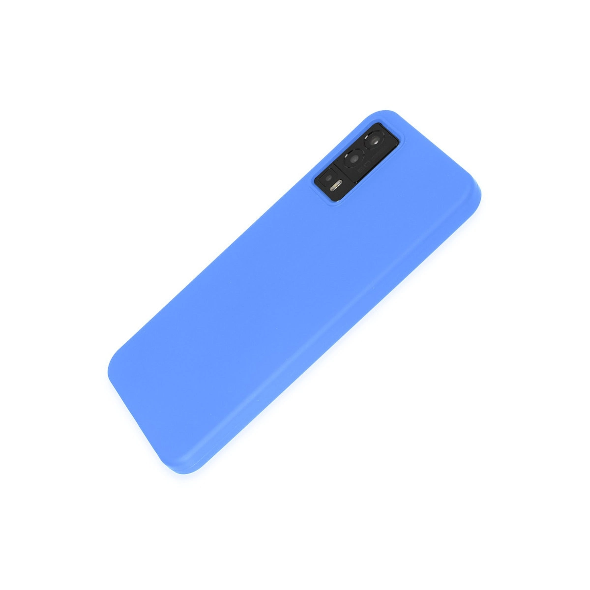 Kamera modülü oyuntulu açık mavi telefon kılıfı beyaz zeminde.