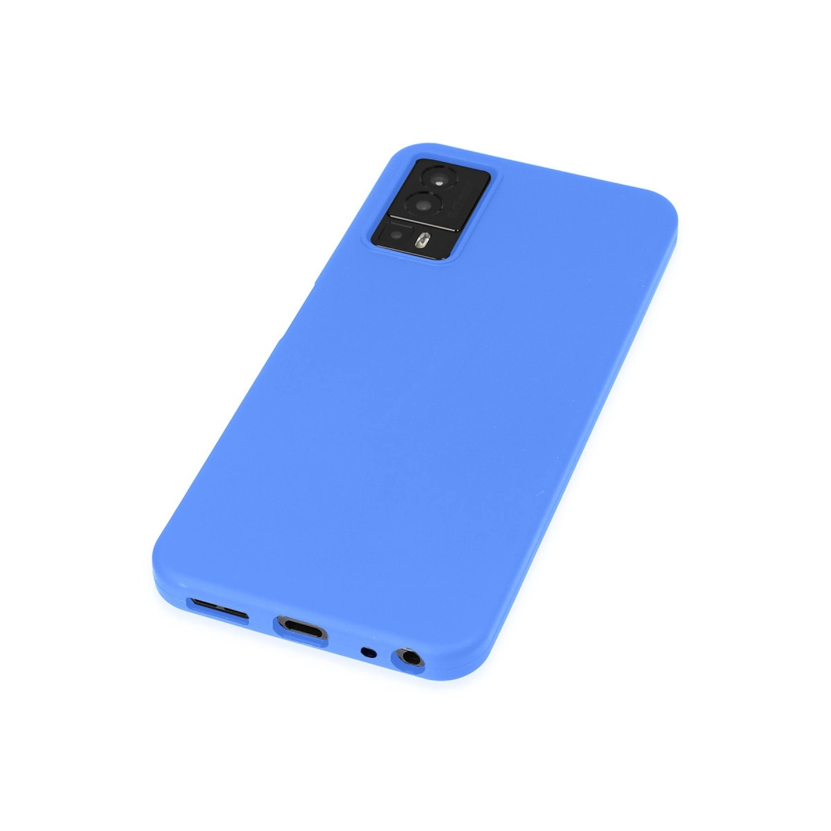 Beyaz arka plan üzerinde kamera kesimli mavi telefon kılıfı.