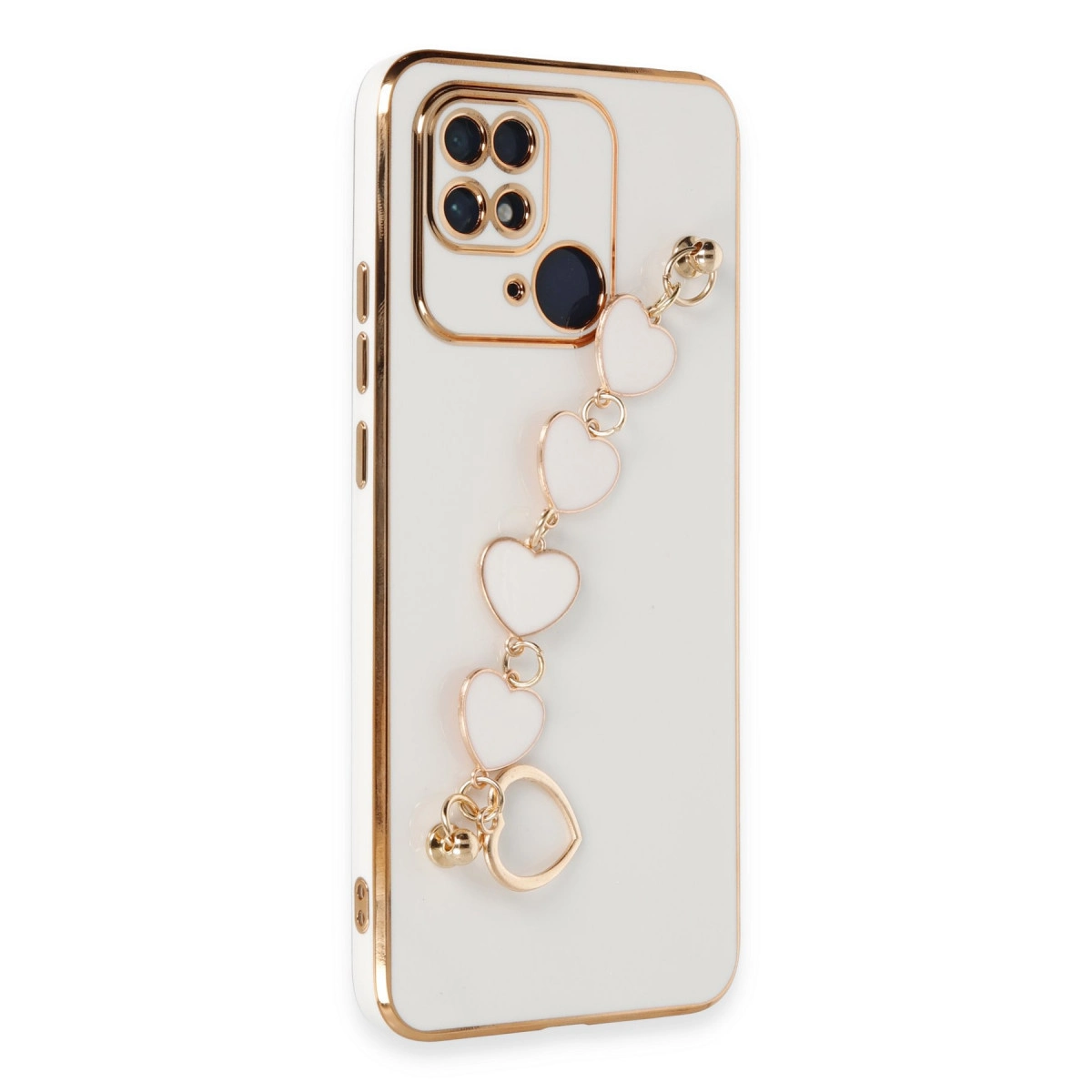 Altın kenarlı beyaz telefon kılıfı, kamera dizilimi ve kalp şeklinde takı bileklik.
