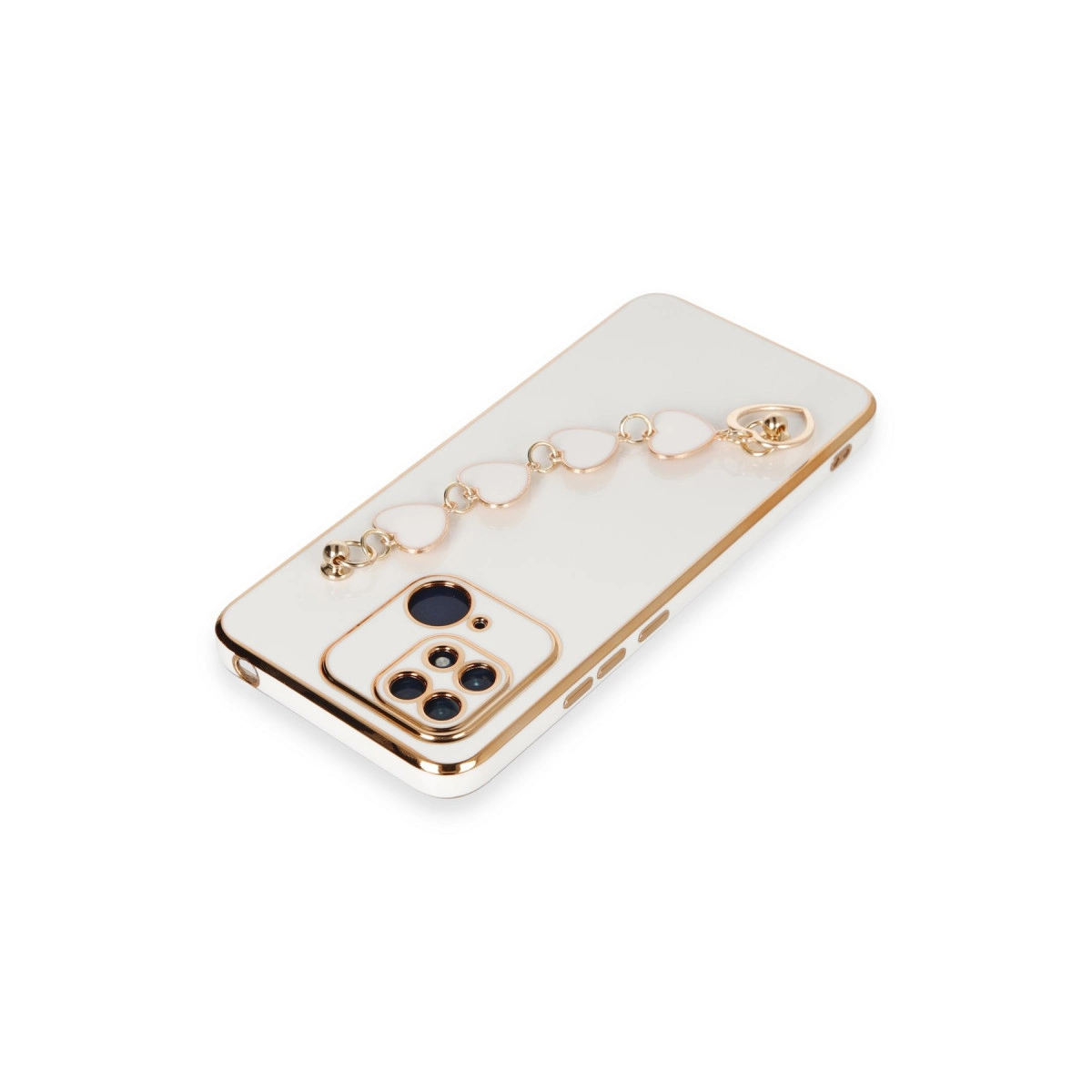 Altın kenarlı beyaz telefon kılıfı ve kalp şeklinde bileklik.
