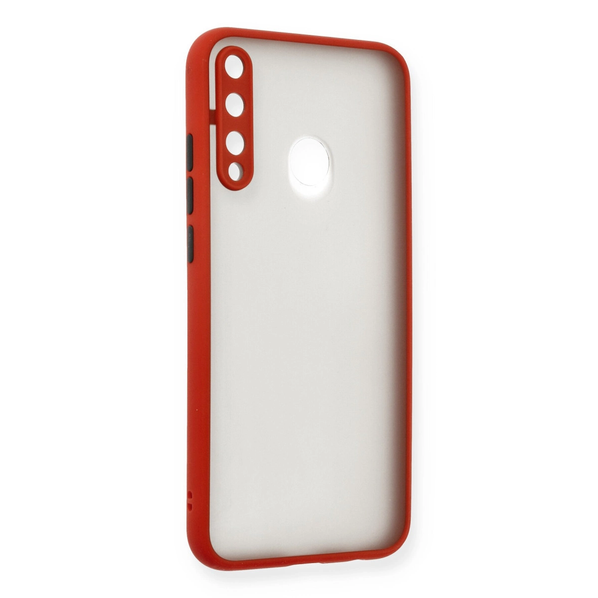 Şeffaf arka ve kamera kesimli kırmızı telefon kılıfı.