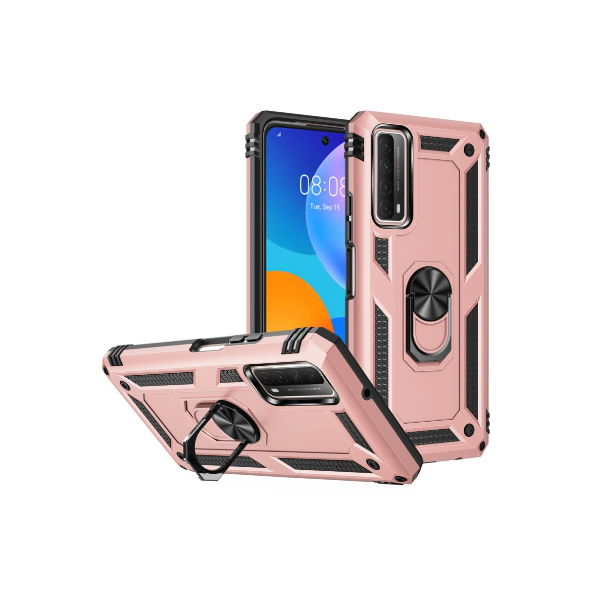 Halka tutuculu iki gül altın rengi telefon kılıfı, biri ayakta, biri yatık.