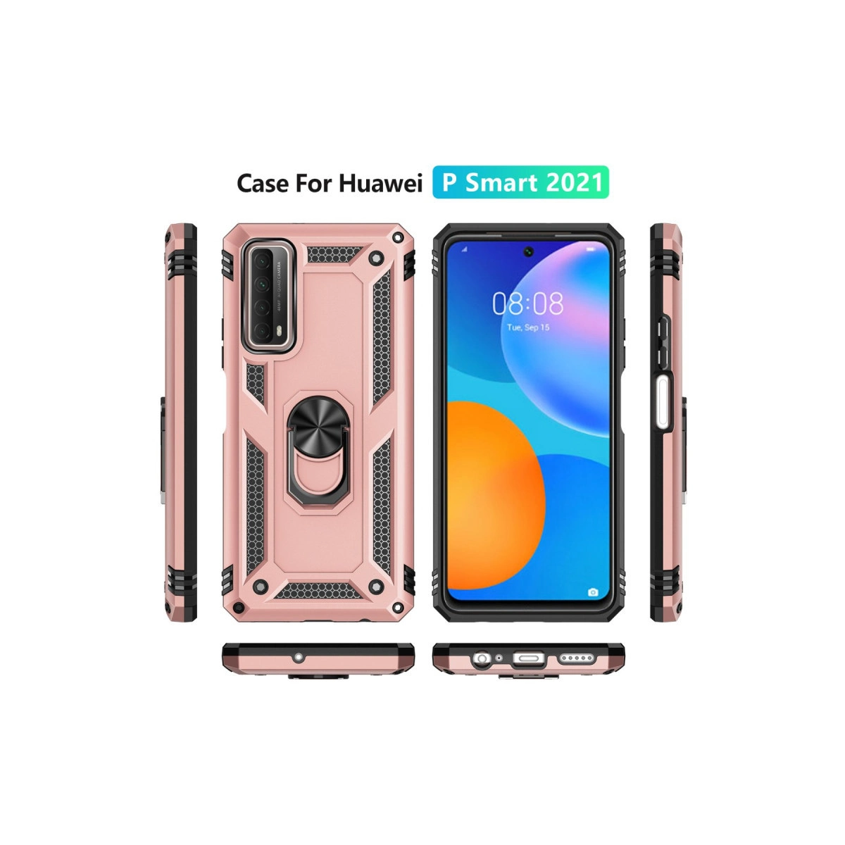 Halkalı, gül altın rengi telefon kılıfı, Huawei P Smart 2021 ile birlikte gösteriliyor.