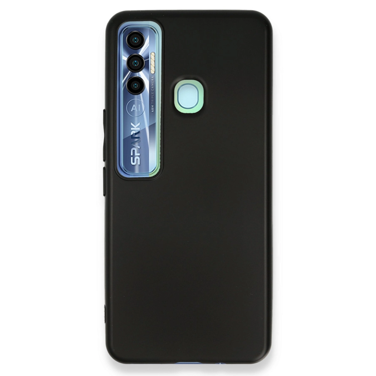 Parmak izi sensörlü ve üçlü kamera modüllü siyah telefon kılıfı.