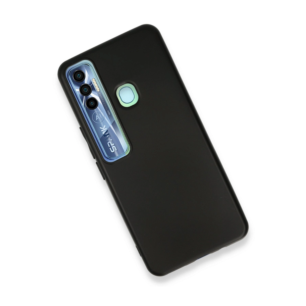 Beyaz arka plan üzerinde üçlü kamera ve parmak izi sensörlü siyah akıllı telefon.