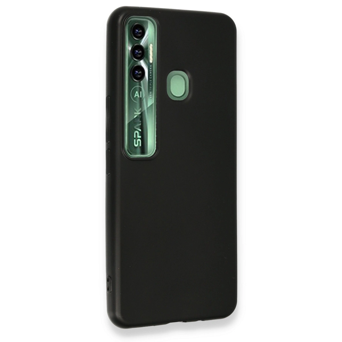 Üçlü kamera, yapay zeka logosu ve "SPARK" yazılı siyah telefon kılıfı.