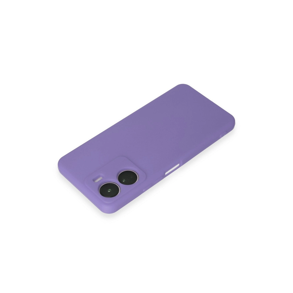 Beyaz arka plan üzerinde çift kamera kesikli mor telefon kılıfı.