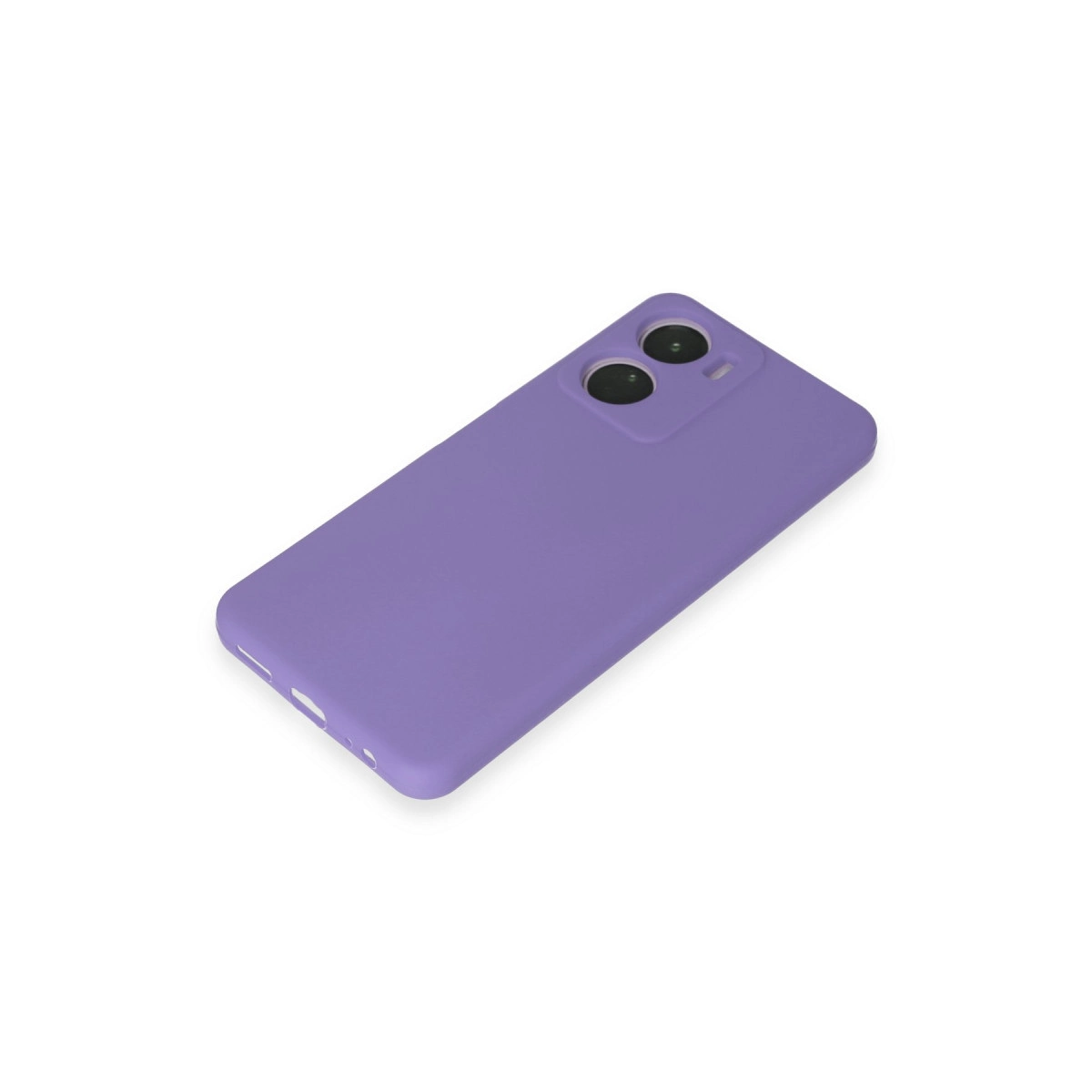 Beyaz arka plan üzerinde iki kamera lensi ve flaşlı mor telefon kılıfı.