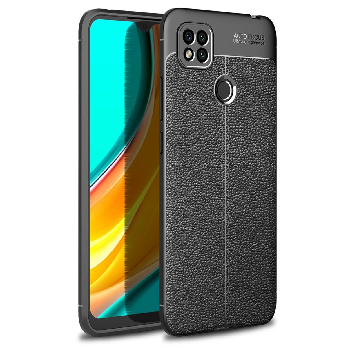 Kamera kesimli ve parmak izi tarayıcılı siyah dokulu telefon kılıfı.