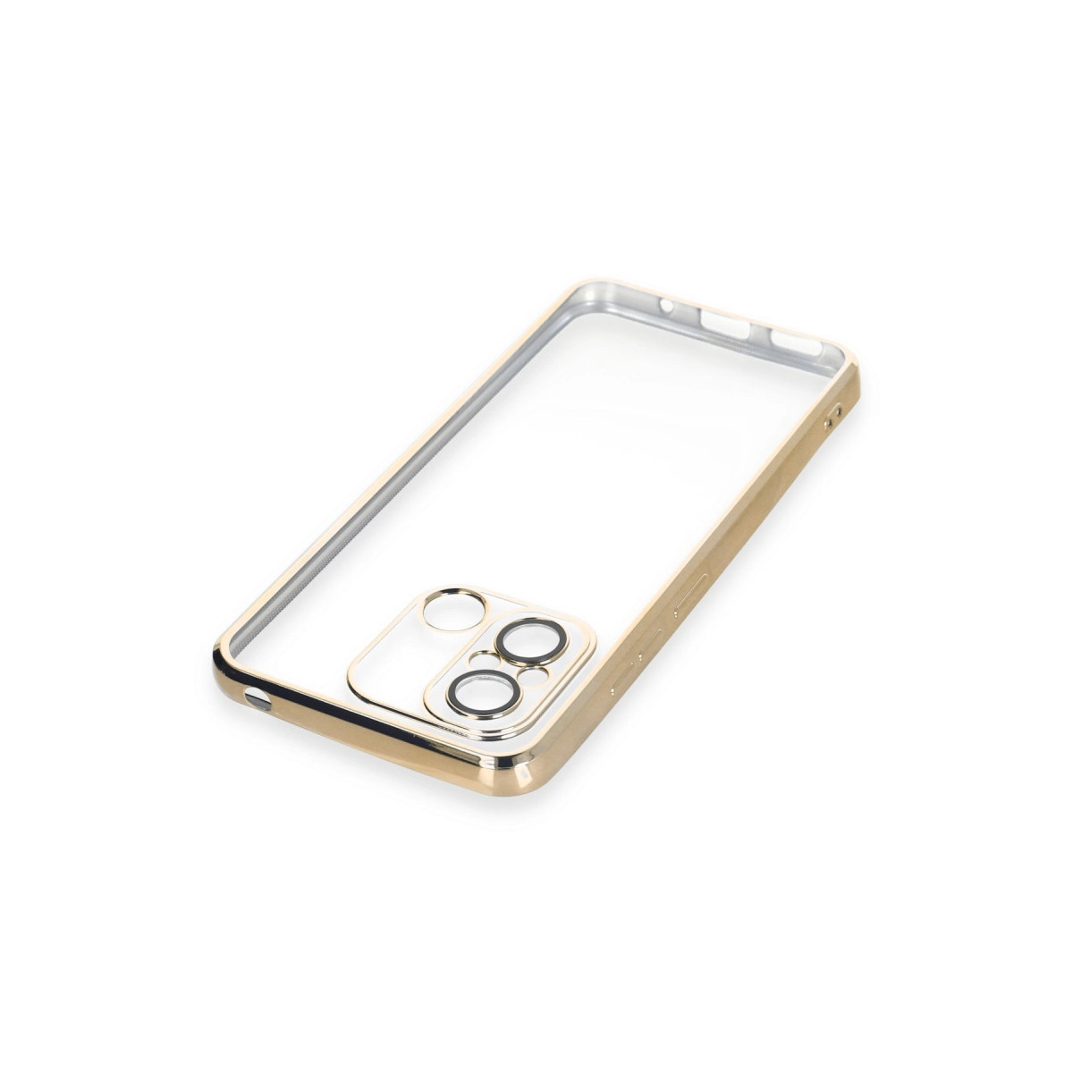 Altın kenarlı, şeffaf telefon kılıfı lens koruyuculu.