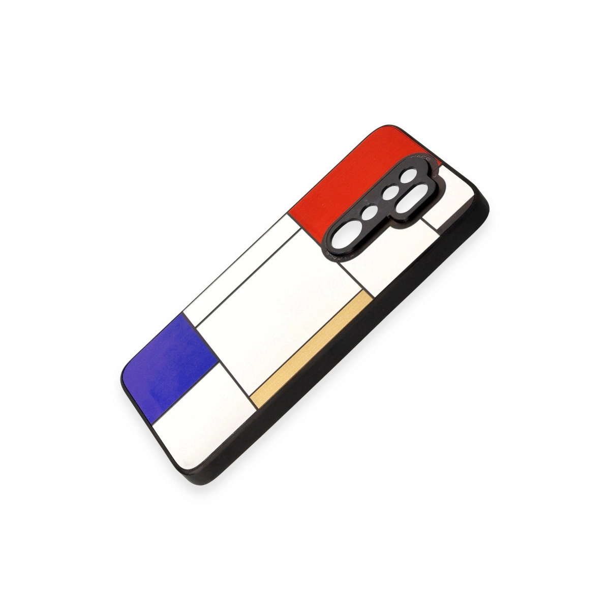 Kırmızı, mavi, sarı ve beyaz Mondrian tarzı desenli akıllı telefon kılıfı.