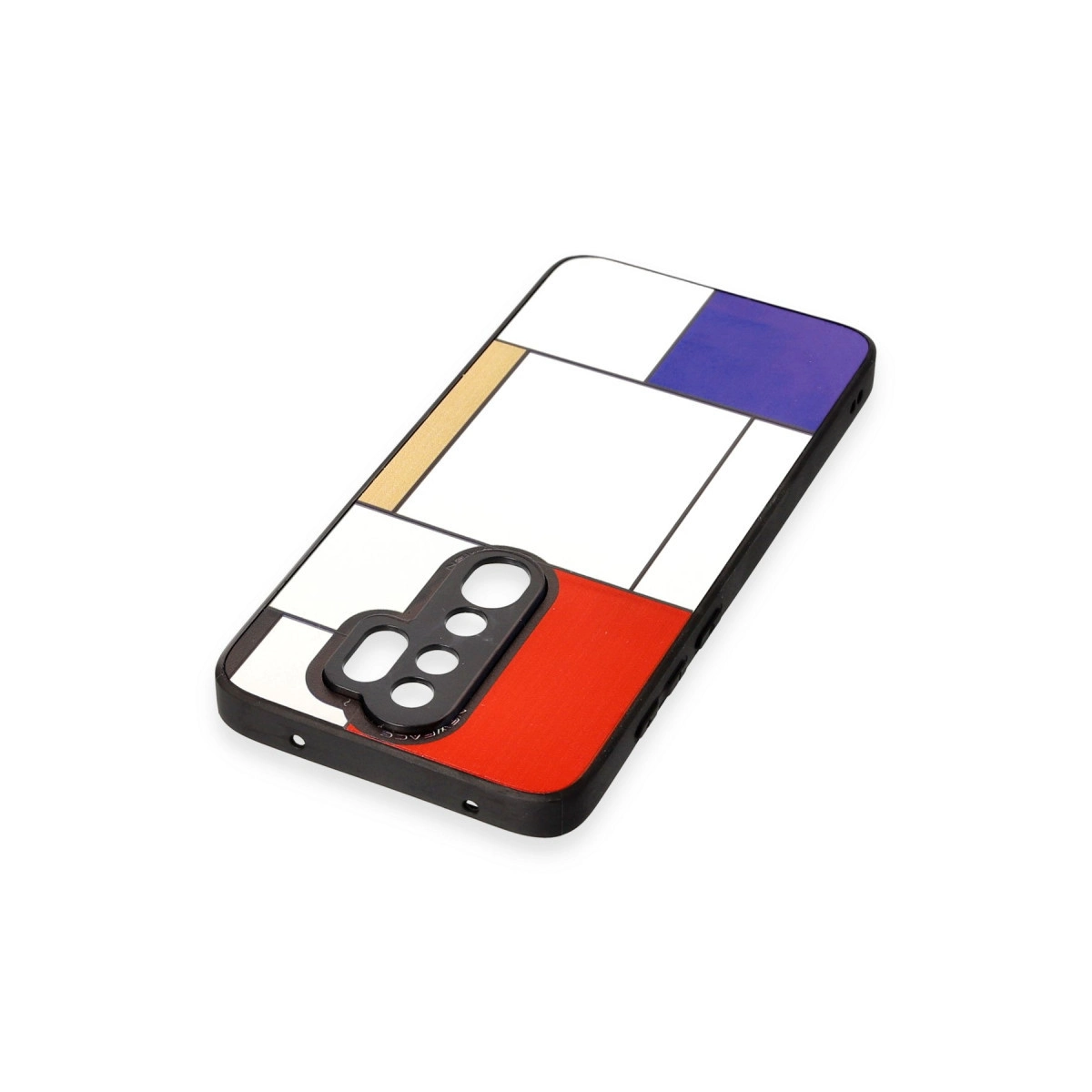 Kırmızı, mavi, altın ve beyaz bloklarla Mondrian tarzı tasarıma sahip telefon kılıfı.