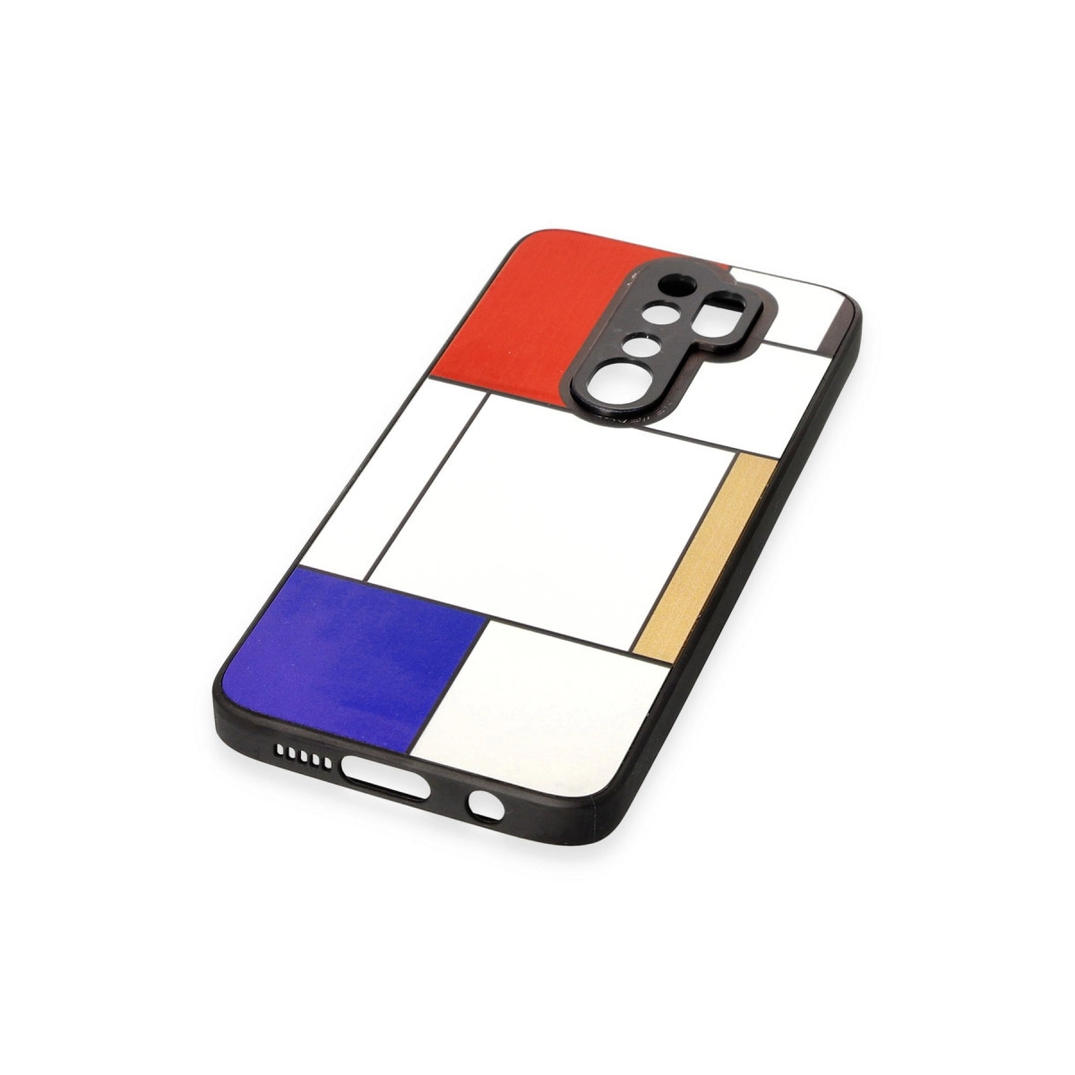 Kırmızı, mavi, beyaz ve altın renklerinde Mondrian tarzı desenli telefon kılıfı.