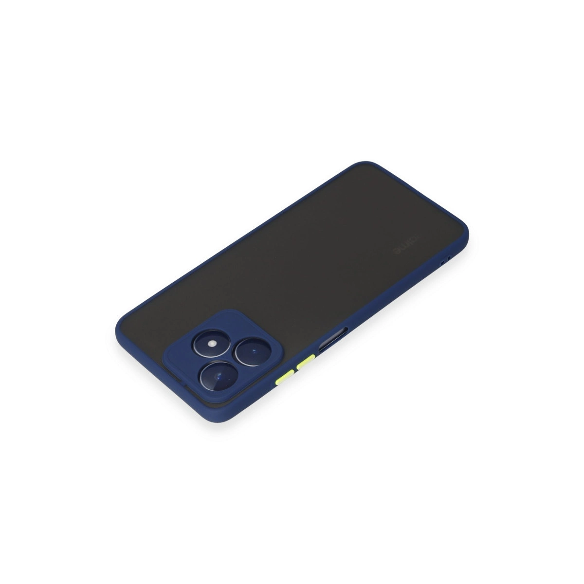 Mavi kenarlı ve üç kamera lensli koyu renk telefon kılıfı.