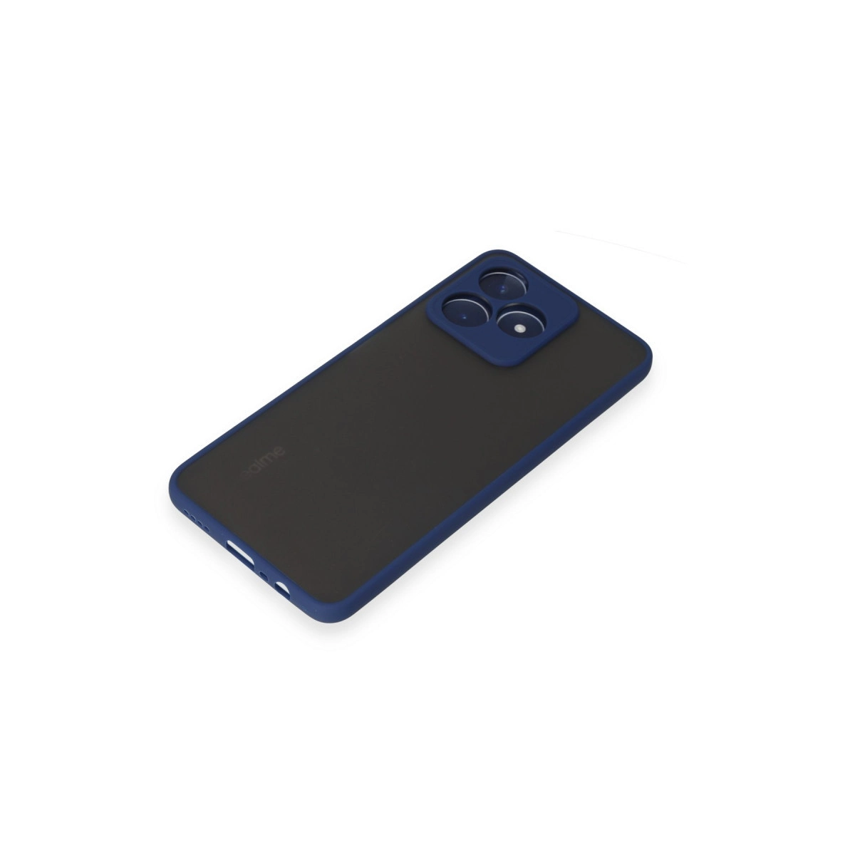 Mavi kılıflı koyu gri telefon ve kamera dizisi, yukarıdan görünüm.