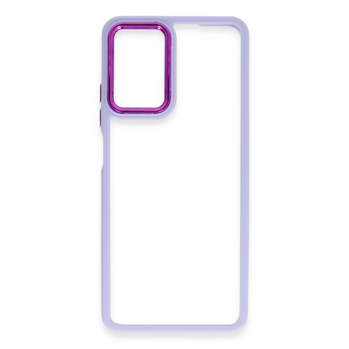 Parlak mor kenarlı açık mor telefon kılıfı, beyaz arka plan üzerinde.