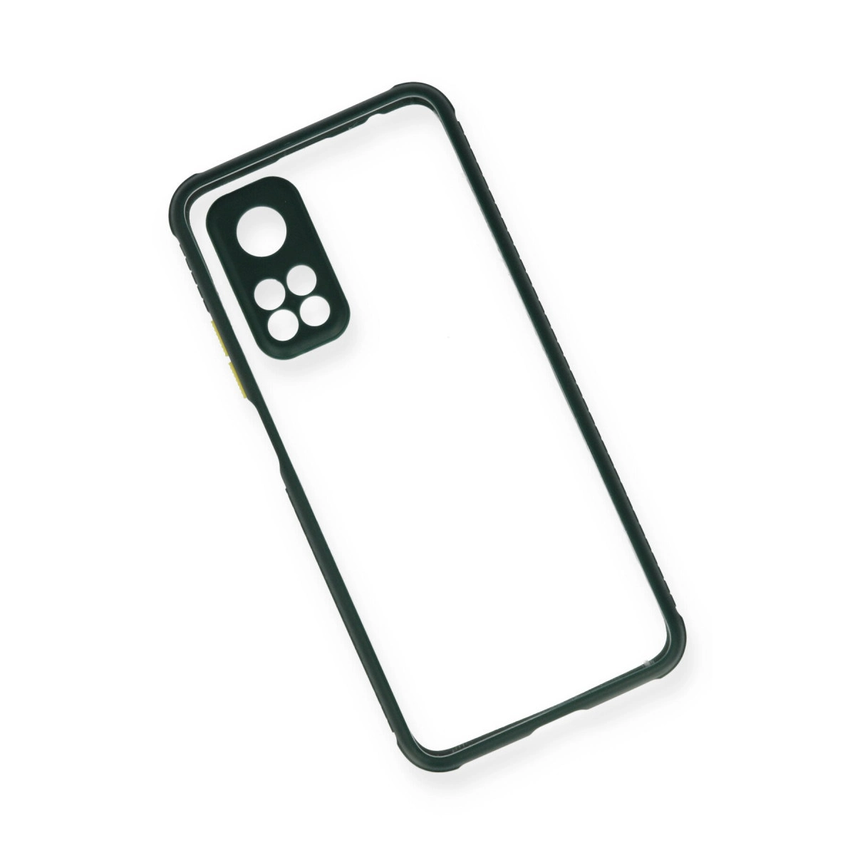 Siyah kenarlı ve kamera kesimli şeffaf telefon kılıfı, beyaz zeminde.