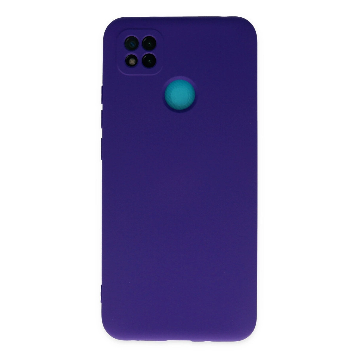 Kare kamera kesimli ve turkuaz düğmeli mor telefon kılıfı.