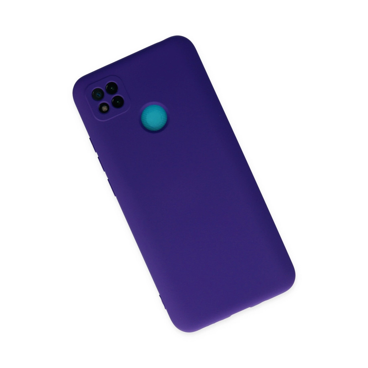 Arkada mavi dairesi ve dört kamerası olan mor telefon kılıfı.