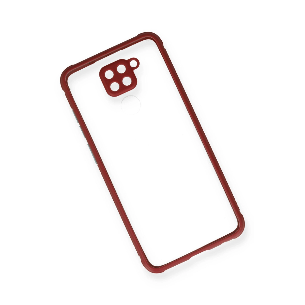 Koyu kırmızı kenarlı ve kamera oyuntulu şeffaf telefon kılıfı.