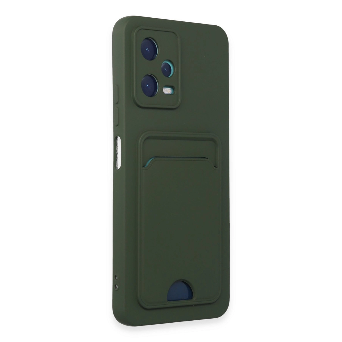 Kart tutuculu, üçlü kamera kesimli koyu yeşil telefon kılıfı.