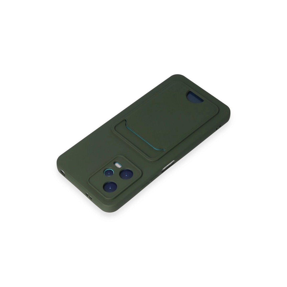 Koyu yeşil telefon kılıfı kart yuvası ve kamera kesimi.