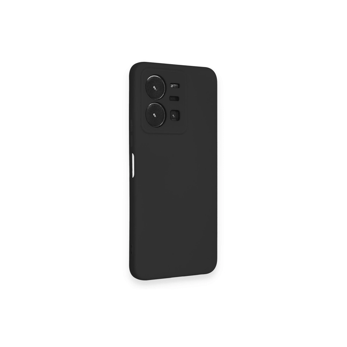 Kamera modüllü siyah telefon kılıfı, beyaz zeminde.