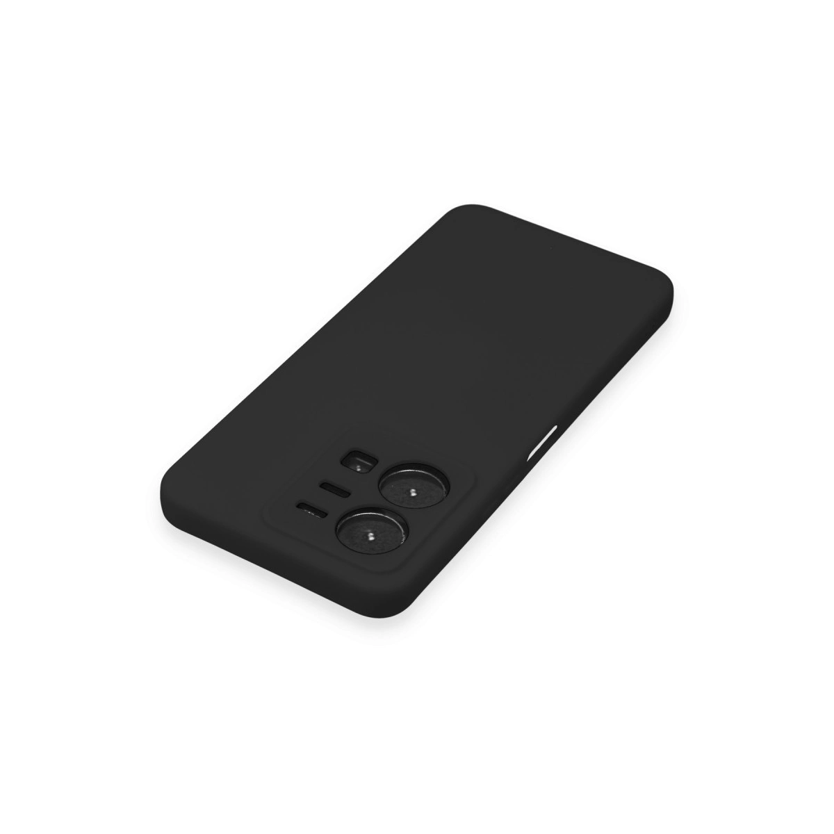 Beyaz arka plan üzerinde kamera modüllü siyah telefon kılıfı.