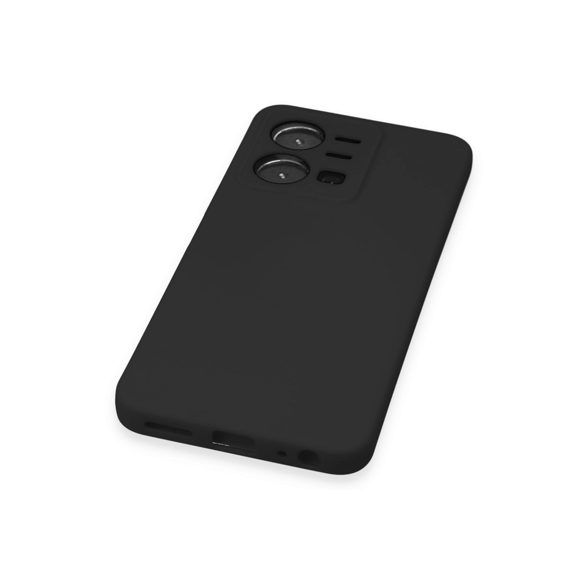 Arkada çift kamera kesimi ve flaşı olan siyah telefon kılıfı.