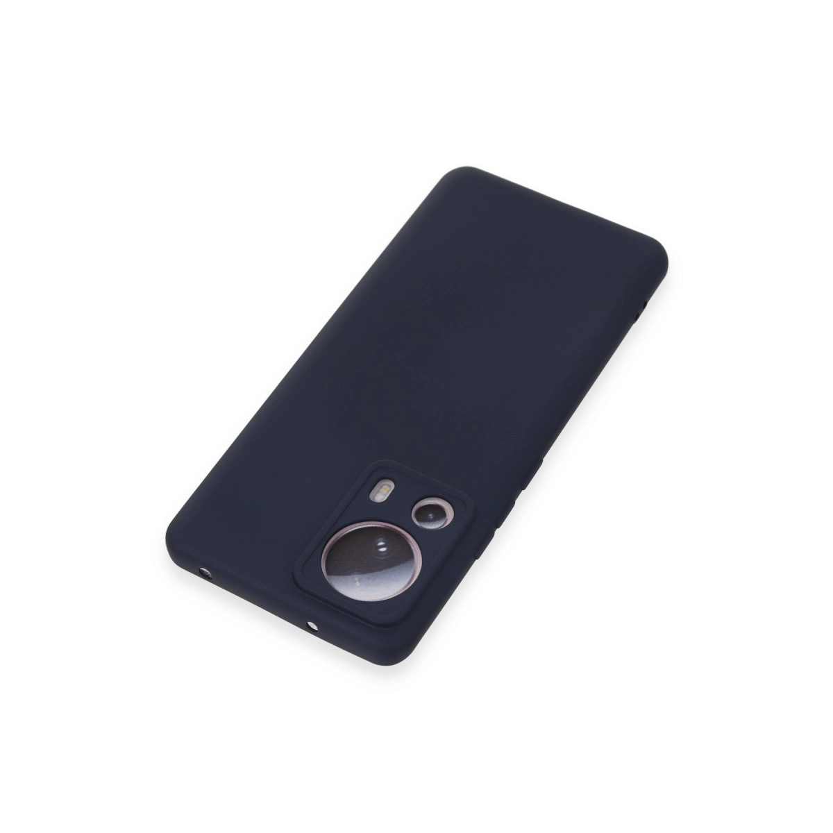 Beyaz arka plan üzerinde kamera oyuntulu lacivert telefon kılıfı.