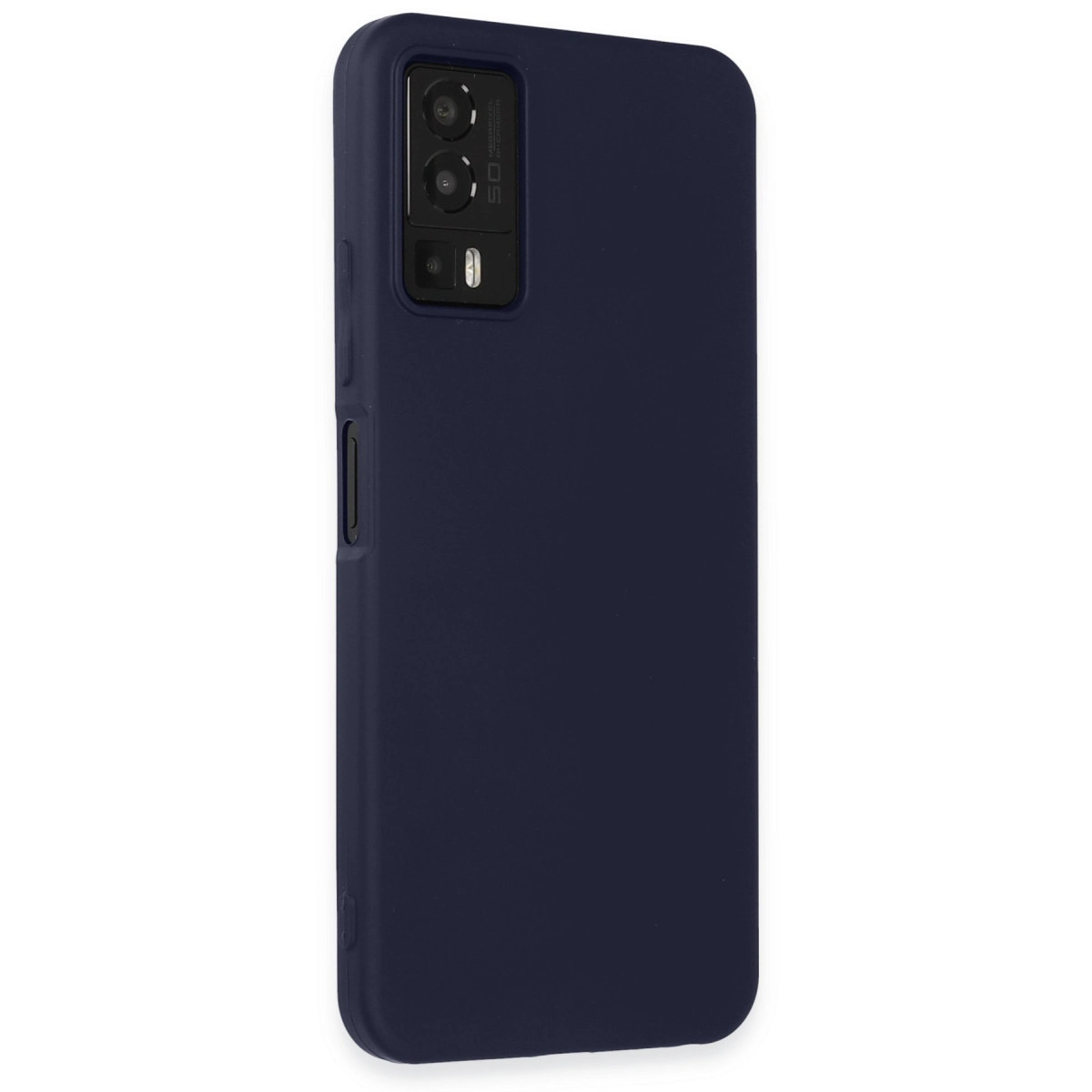 Arkada görünür 50MP kamerası olan lacivert telefon kılıfı.