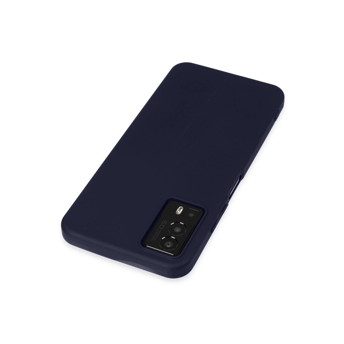 Koyu mavi telefon kılıfı beyaz arka plana karşı açılı olarak gösteriliyor.
