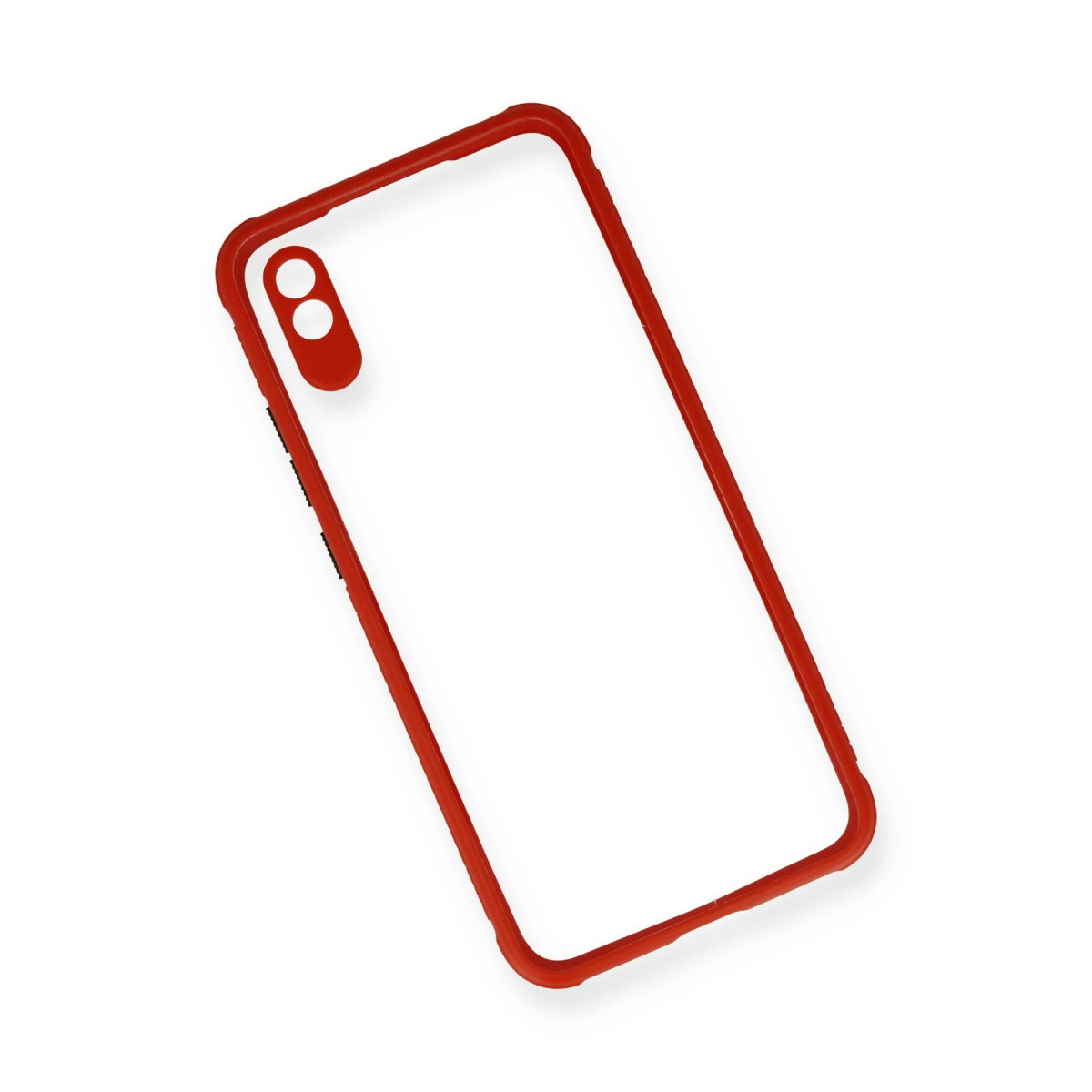 Kırmızı telefon kılıfı, çift kamera kesimli, beyaz zeminde.