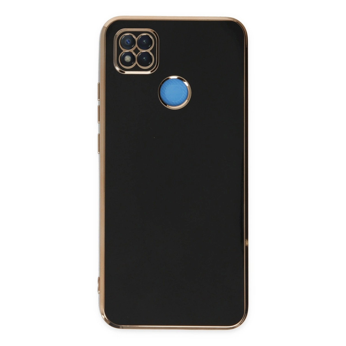 Altın kenarlı, dört kameralı, mavi parmak izi sensörlü siyah telefon kılıfı.