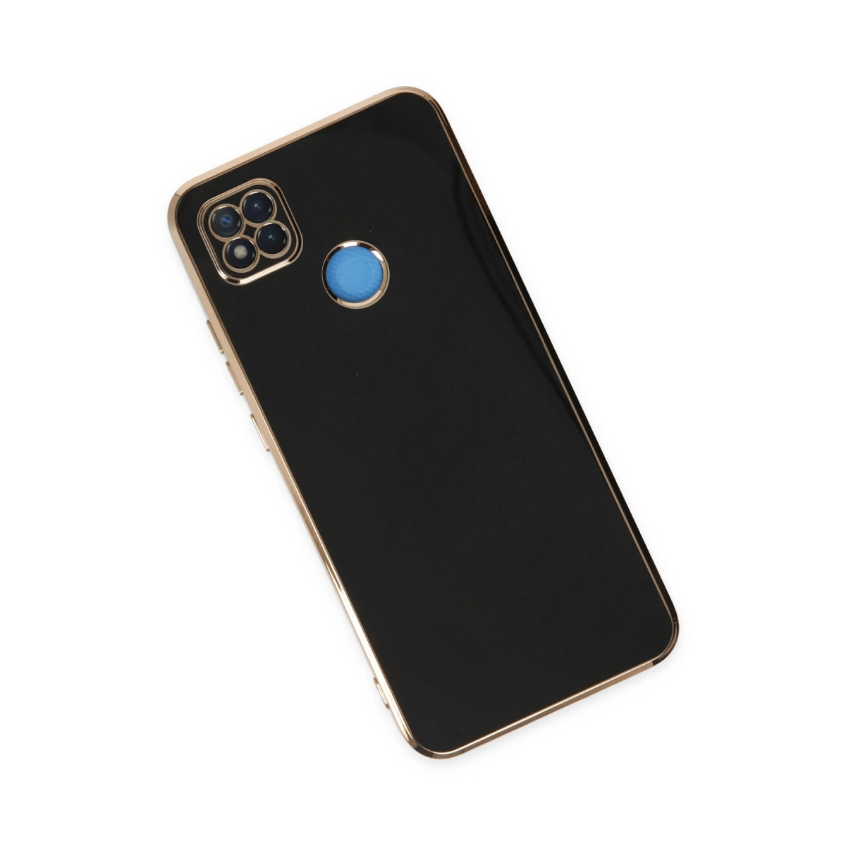 Altın çerçeveli ve kamera modüllü siyah telefon kılıfı.