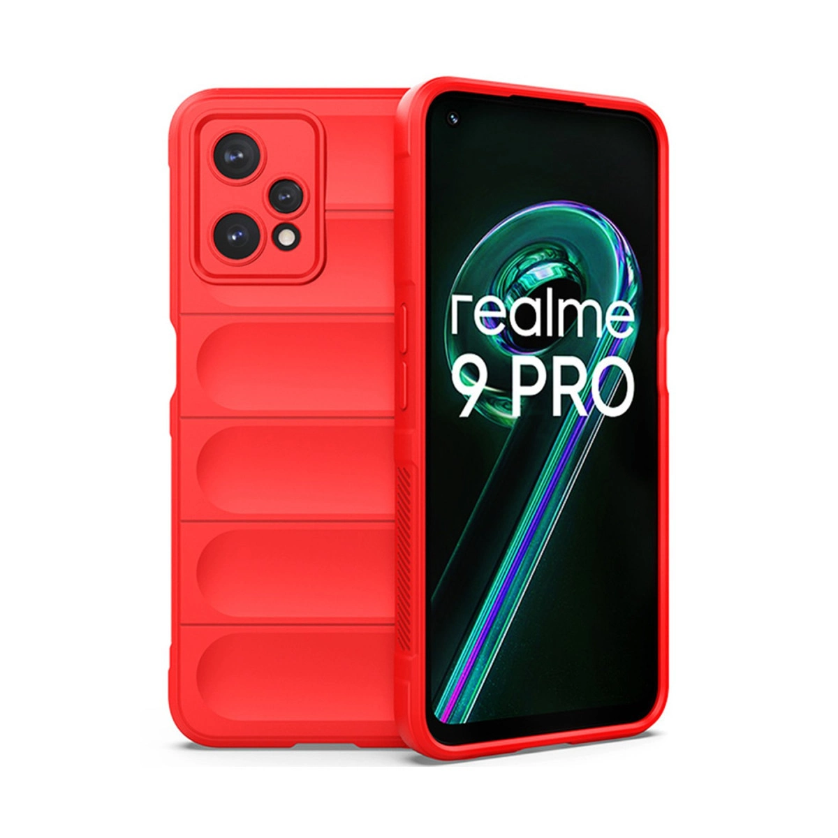 Yastıklı tasarıma ve ekranda Realme 9 PRO logosuna sahip kırmızı telefon kılıfı.