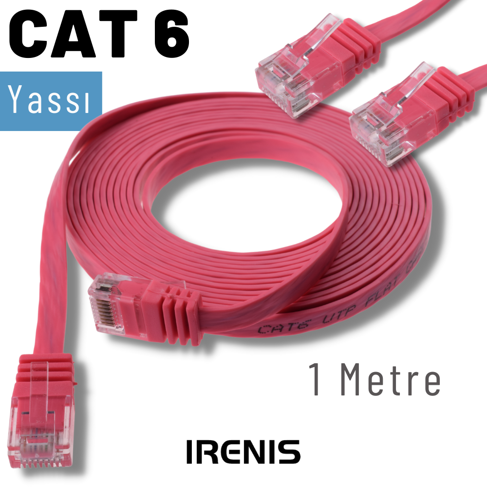Pembe düz Cat 6 Ethernet kablosu, 1 metre uzunluğunda, RJ45 konektörlü. Metin: CAT 6, Yassı, 1 Metre, IRENIS.