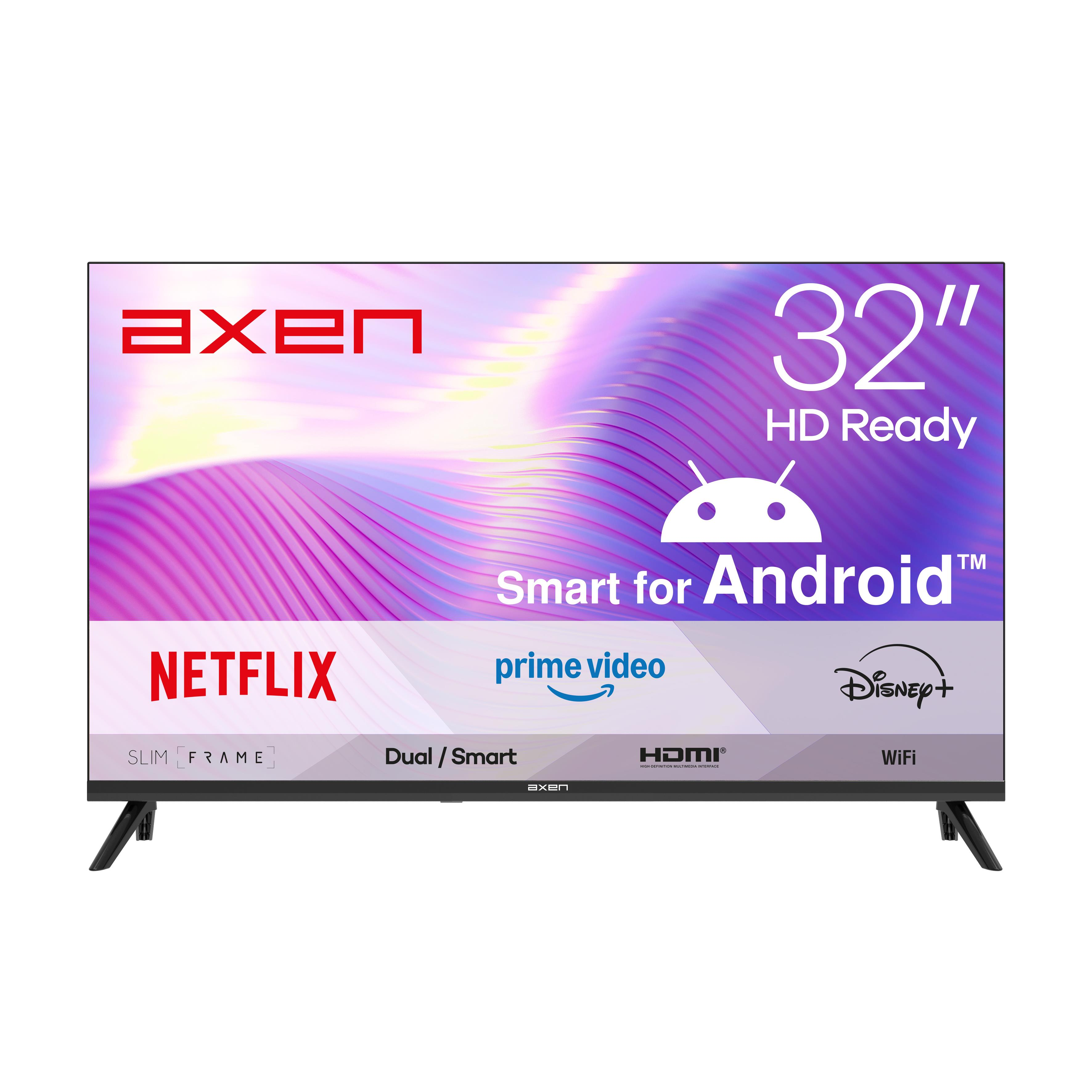 Android, Netflix, Prime Video, Disney+ özellikli 32 inç Axen HD Ready Smart TV.